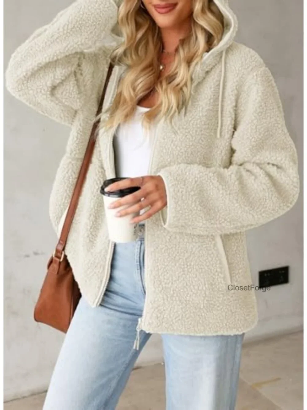 Fleece Jacket Long Sleeve Zip Up Sherpa Coat Fuzzy Hooded with Pockets